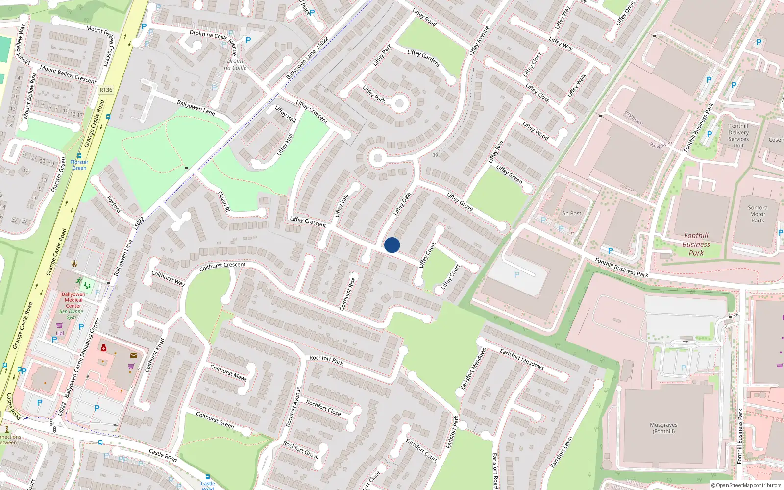 Overhead map showing the location of 25 Liffey Dale, Lucan
