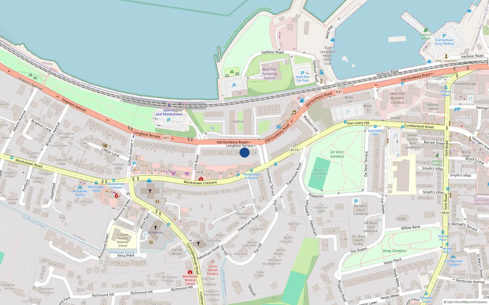 Overhead map showing the location of 25 Longford Terrace, Monkstown