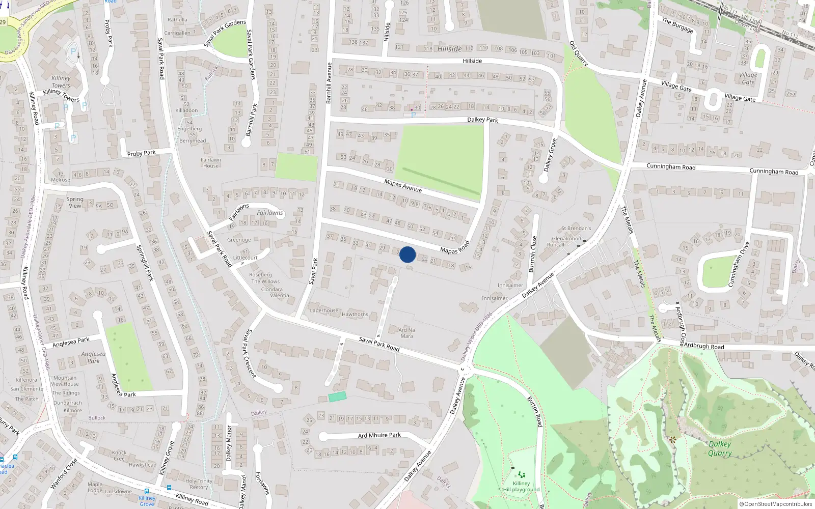 Overhead map showing the location of 25 Mapas Road, Dalkey