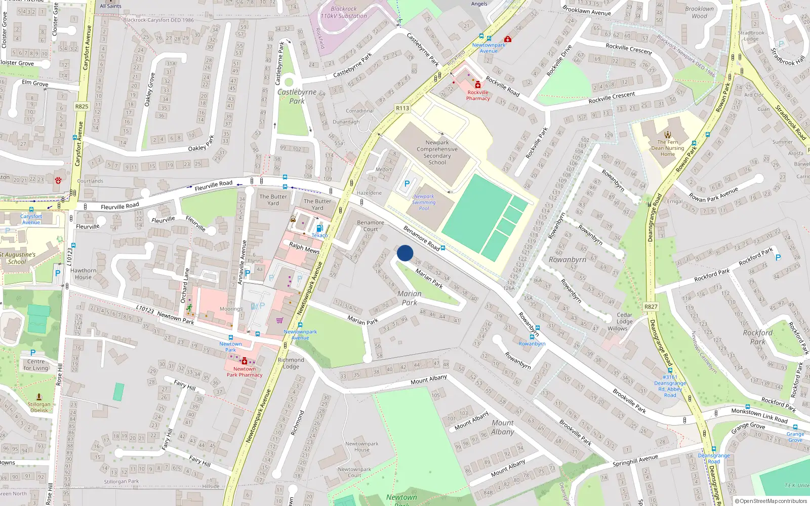 Overhead map showing the location of 25 Marian Park, Blackrock