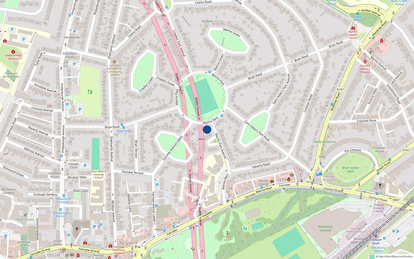 Overhead map showing the location of 25 Marino Park Avenue, Dublin 3