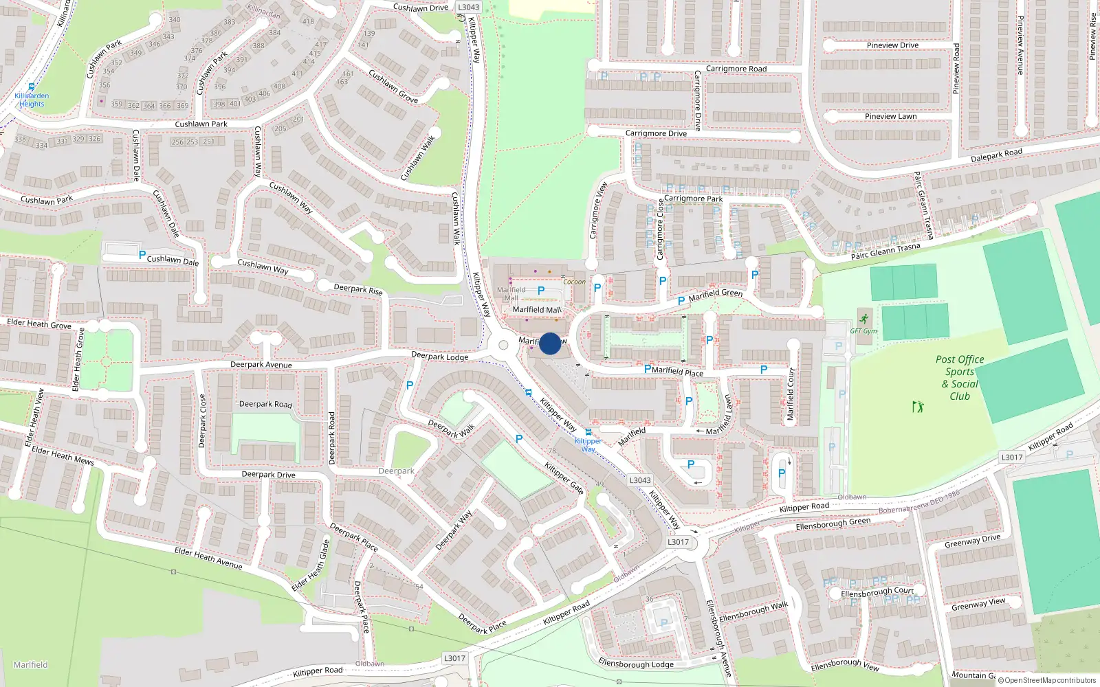 Overhead map showing the location of 25 Marlfield Row, Tallaght