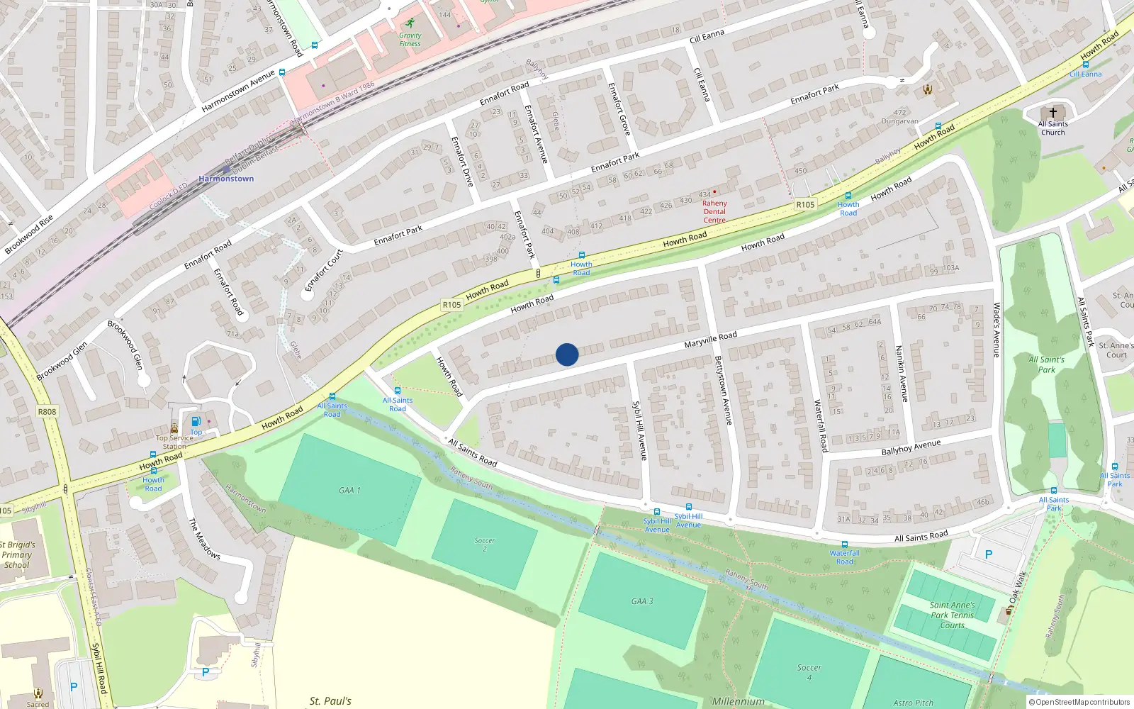 Overhead map showing the location of 25 Maryville Road, Dublin 5
