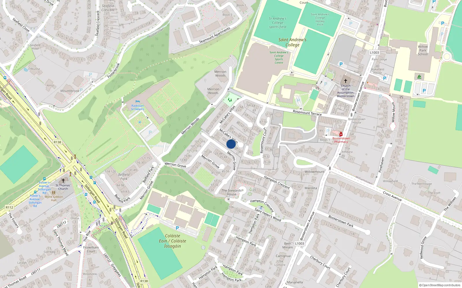 Overhead map showing the location of 25 McCabe's Villas, Booterstown