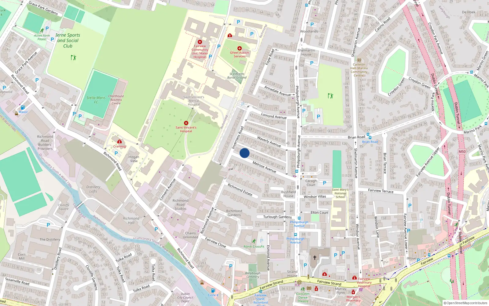 Overhead map showing the location of 25 Melrose Avenue, Fairview, Dublin 5