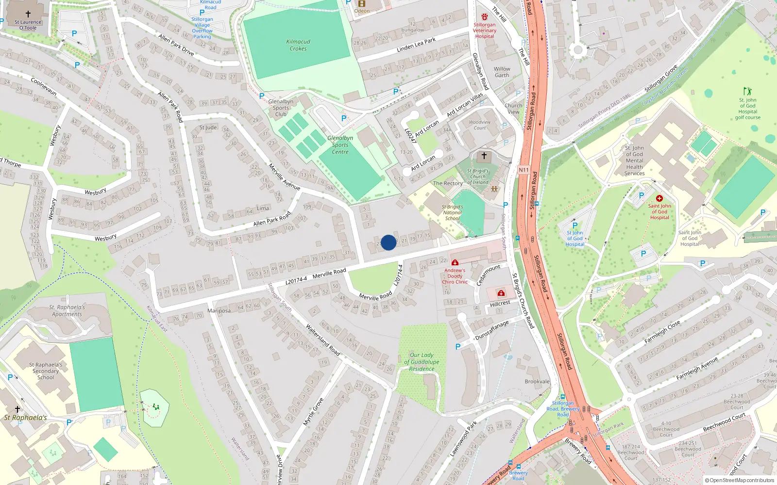 Overhead map showing the location of 25 Merville Road, Dublin