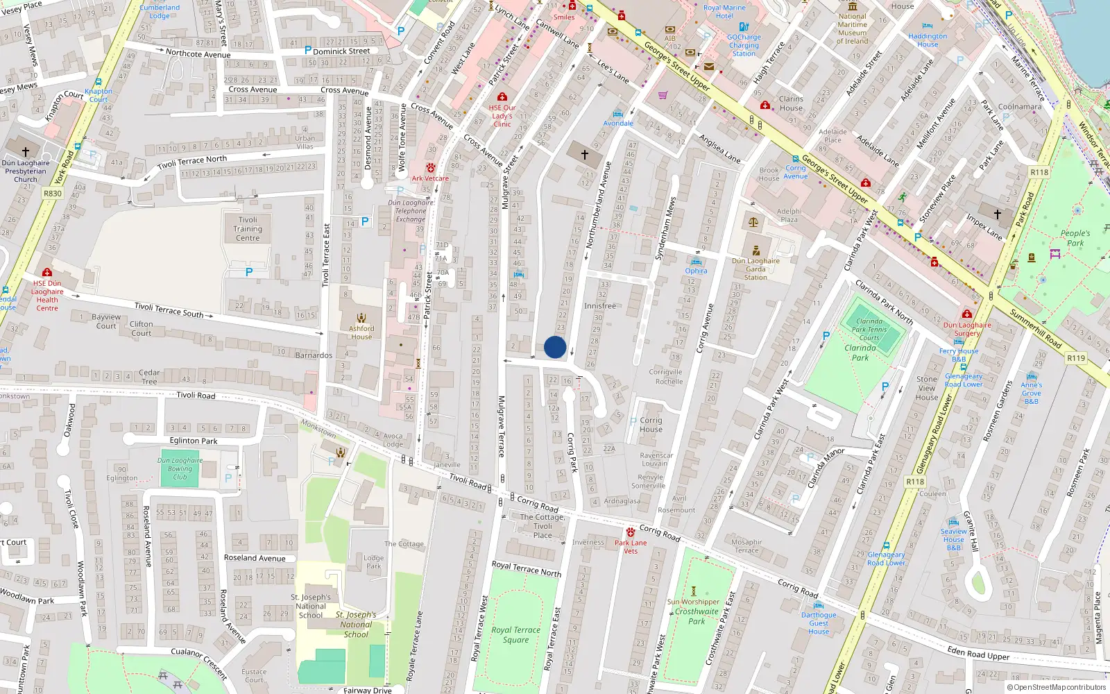 Overhead map showing the location of 25 Morhtumberland Avenue, Dun Laoghaire, Co. Dublin