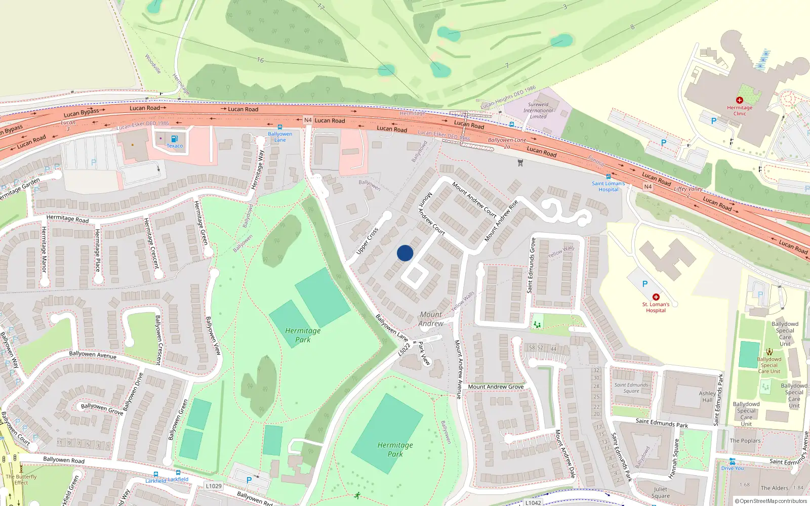 Overhead map showing the location of 25 Mount Andrew Crescent, Lucan, Dublin