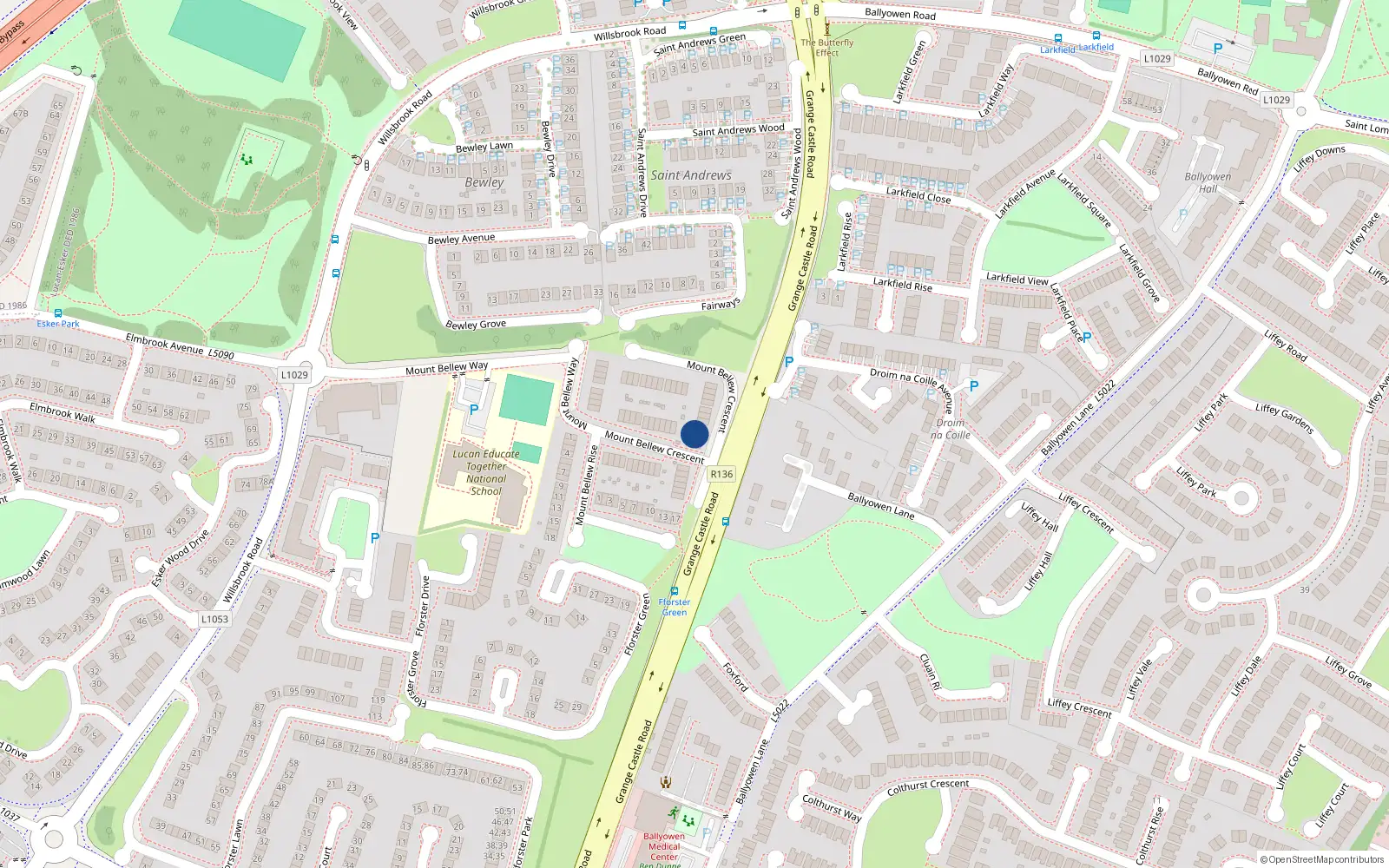 Overhead map showing the location of 25 Mount Bellew Crescent, Lucan