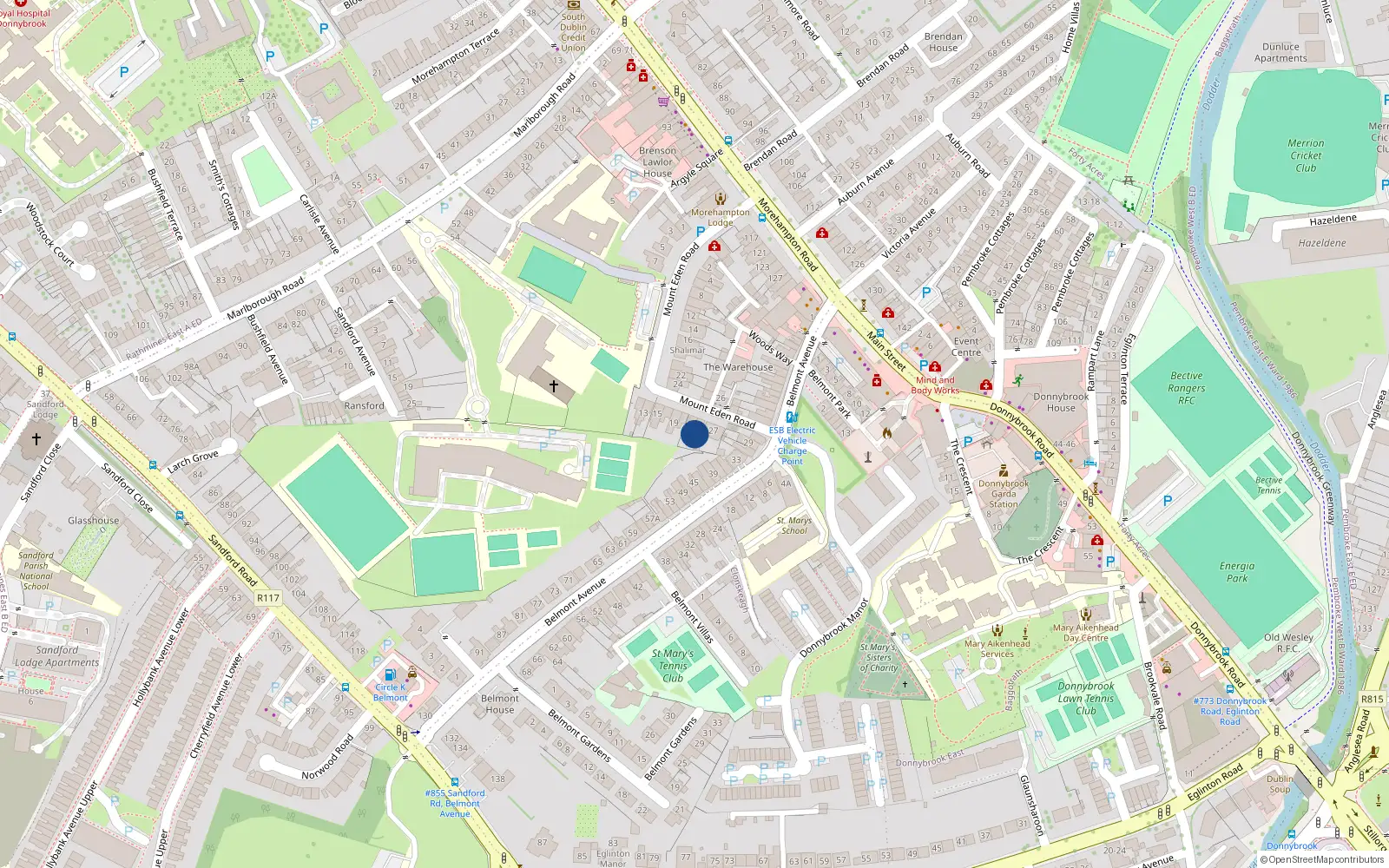 Overhead map showing the location of 25 Mount Eden Road, Donnybrook