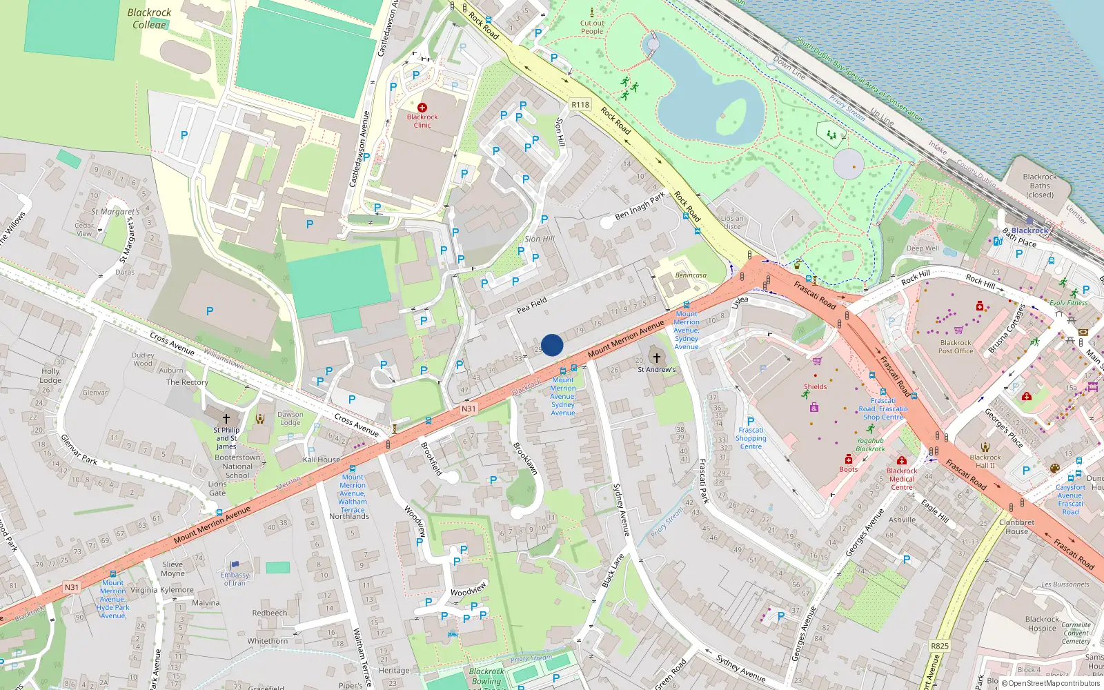 Overhead map showing the location of 25 Mount Merrion Avenue, Dublin