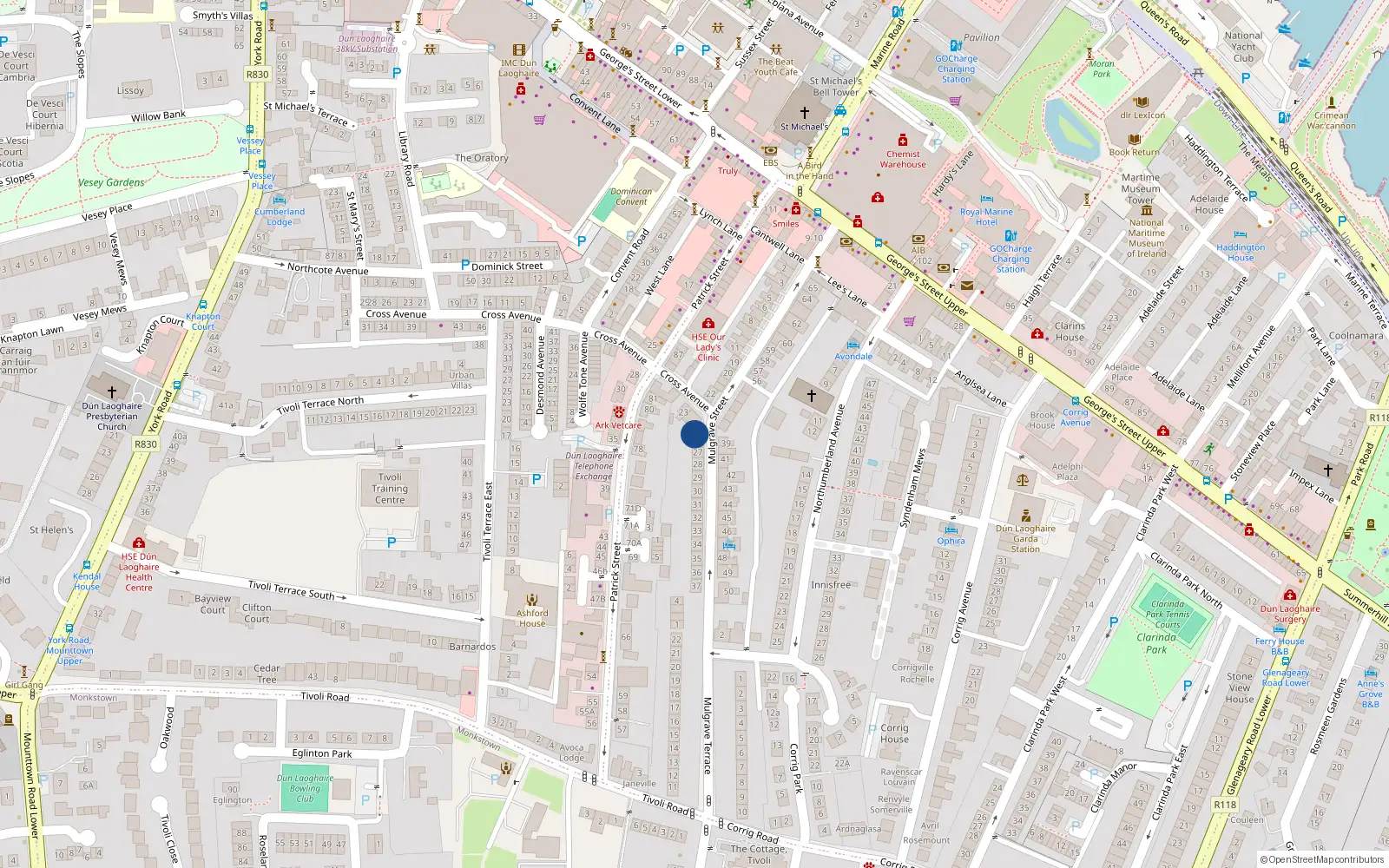 Overhead map showing the location of 25 Mulgrave St, Dun Laoghaire, Co Dublin
