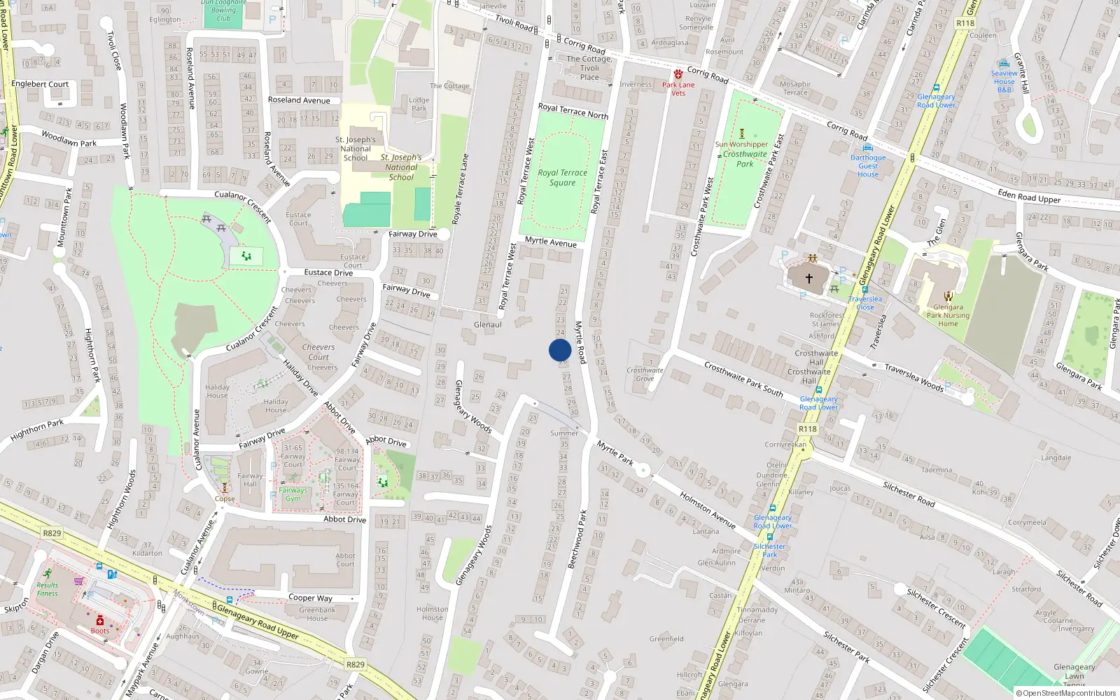Overhead map showing the location of 25 Myrtle Park, Co Dublin