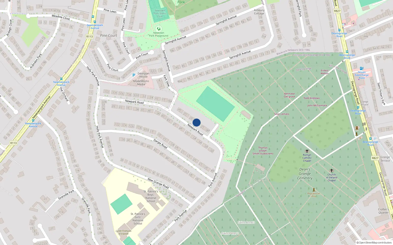 Overhead map showing the location of 25 New Park Road, Blackrock, Dublin