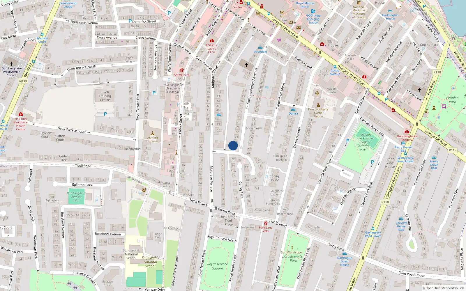 Overhead map showing the location of 25 Northumberland Avenue, Dun Laoghaire, Dublin