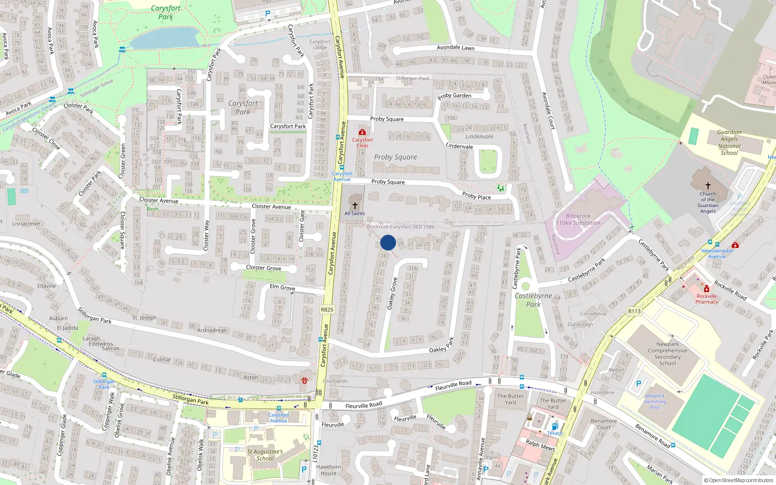 Overhead map showing the location of 25 Oakley Grove, Blackrock, Co Dublin