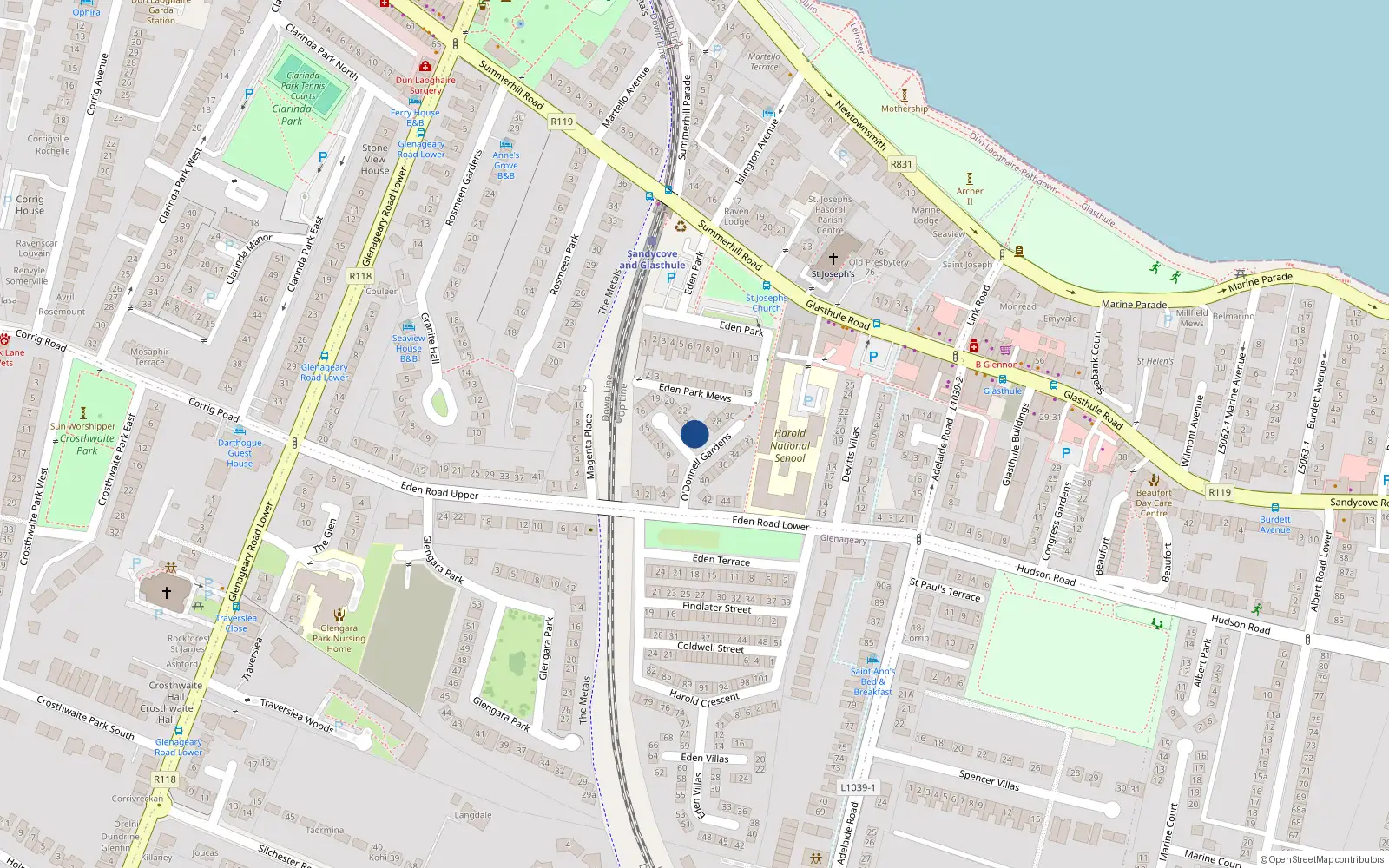 Overhead map showing the location of 25 O'Donnell Gardens, Dunlaoghaire