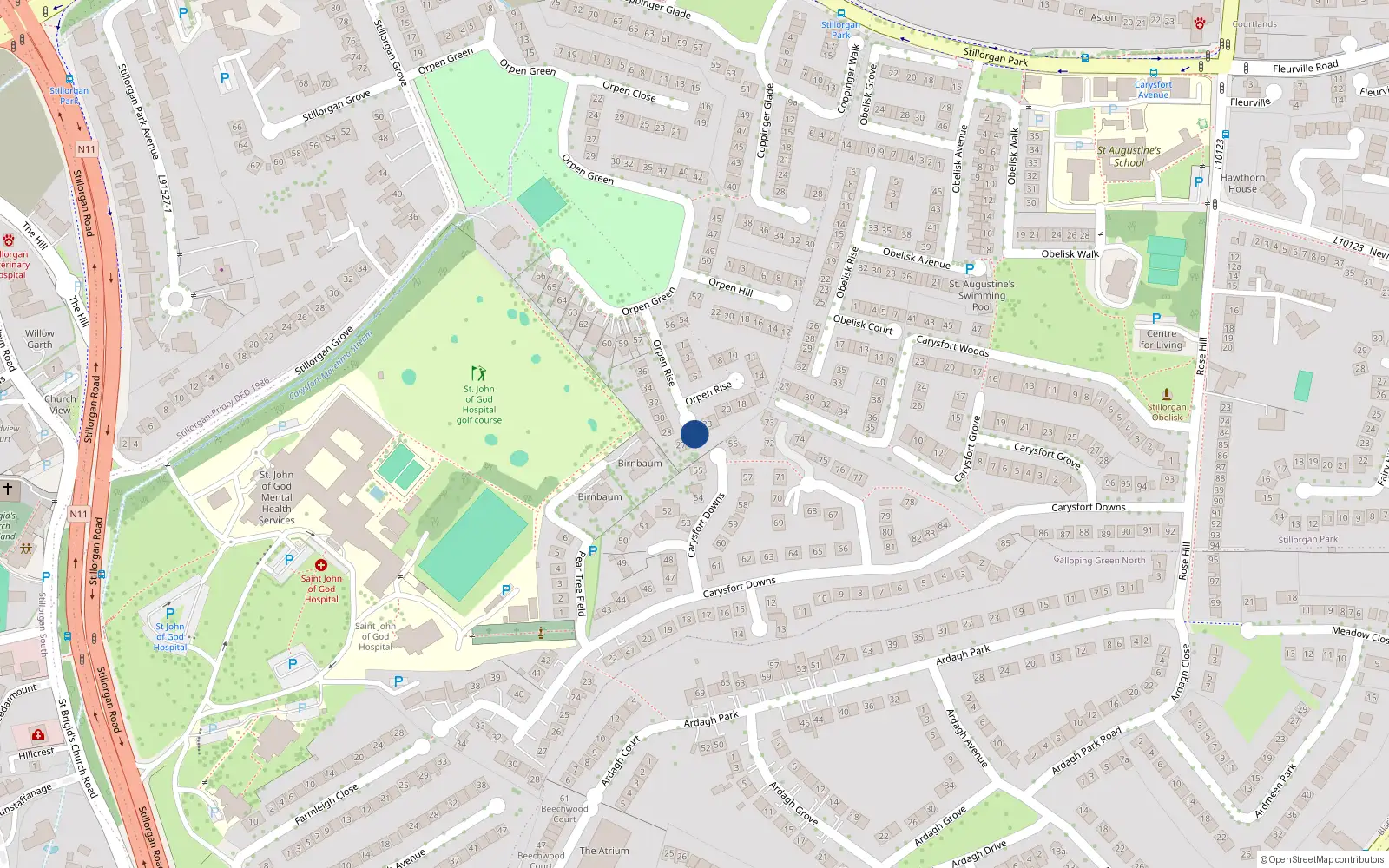 Overhead map showing the location of 25 Orpen Rise, Blackrock
