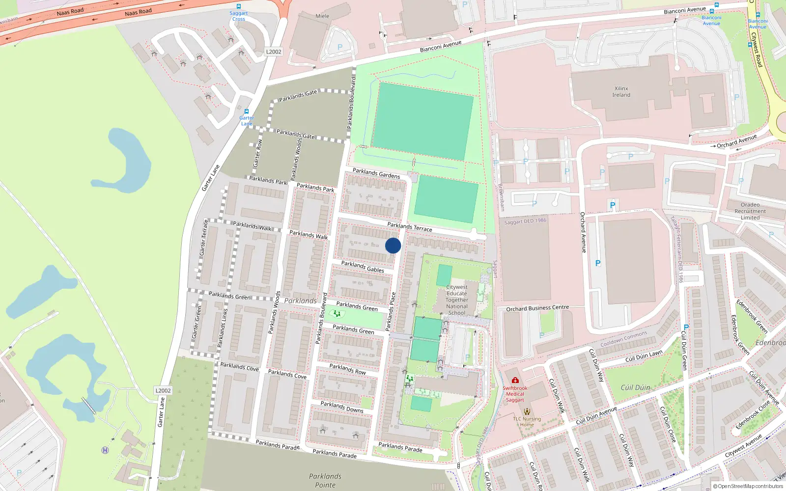 Overhead map showing the location of 25 Parklands Place, Saggart