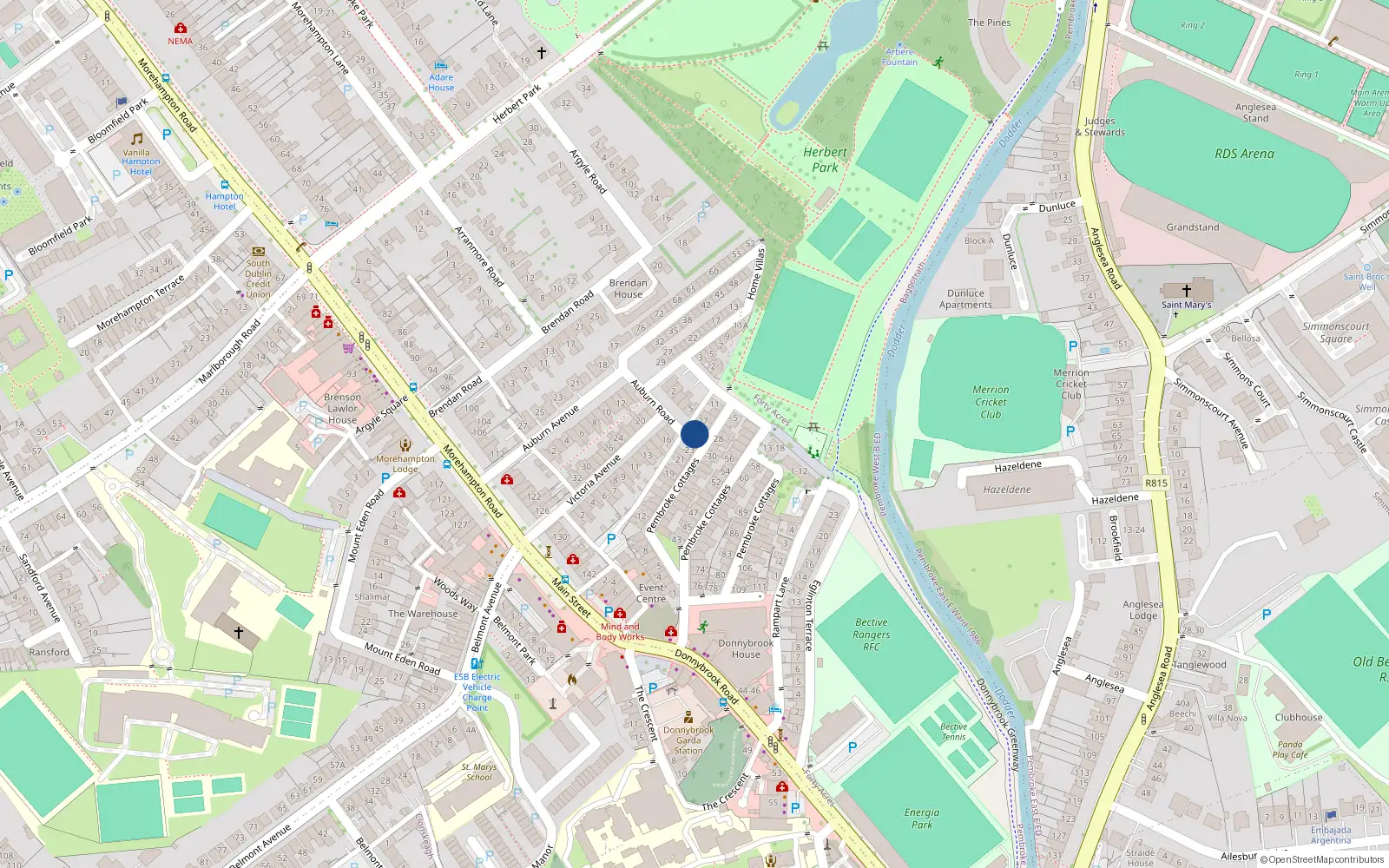 Overhead map showing the location of 25 Pembroke Cottages, Dublin 4