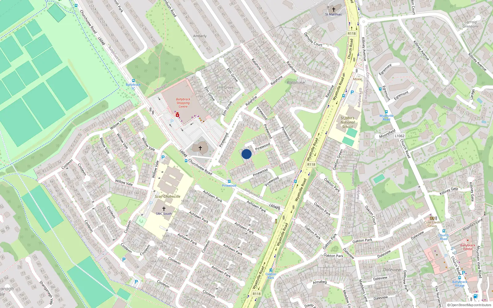 Overhead map showing the location of 25 Pinewood, Ballybrack, Co Dublin