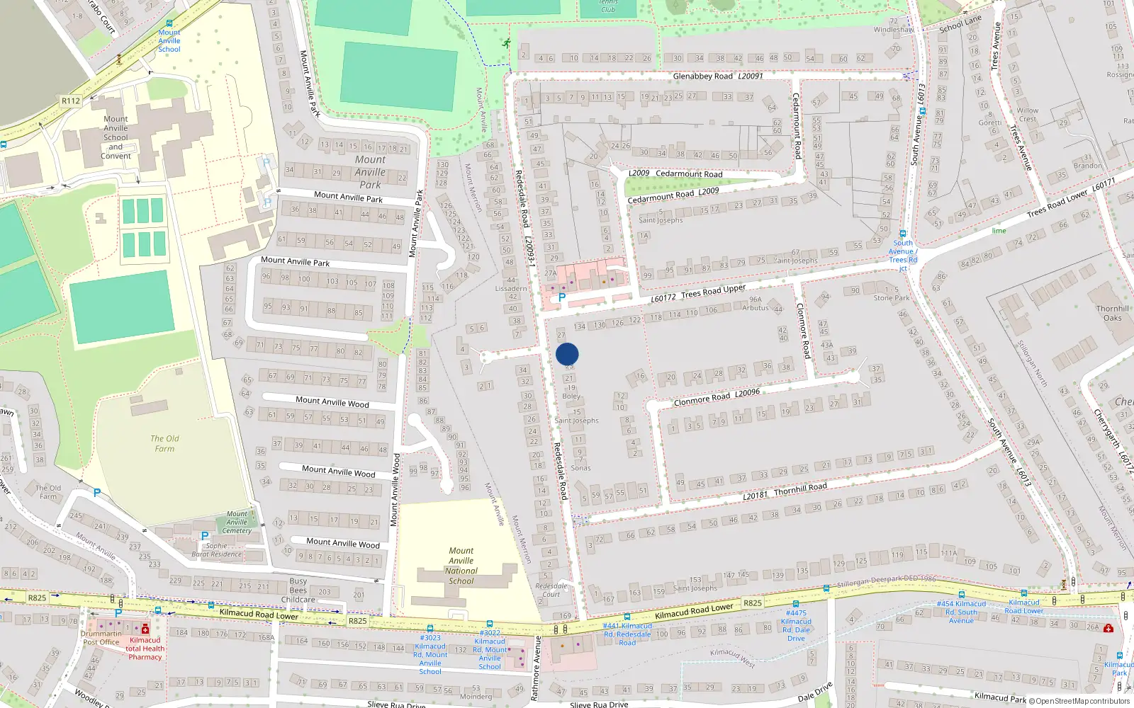 Overhead map showing the location of 25 Redesdale Road, Blackrock