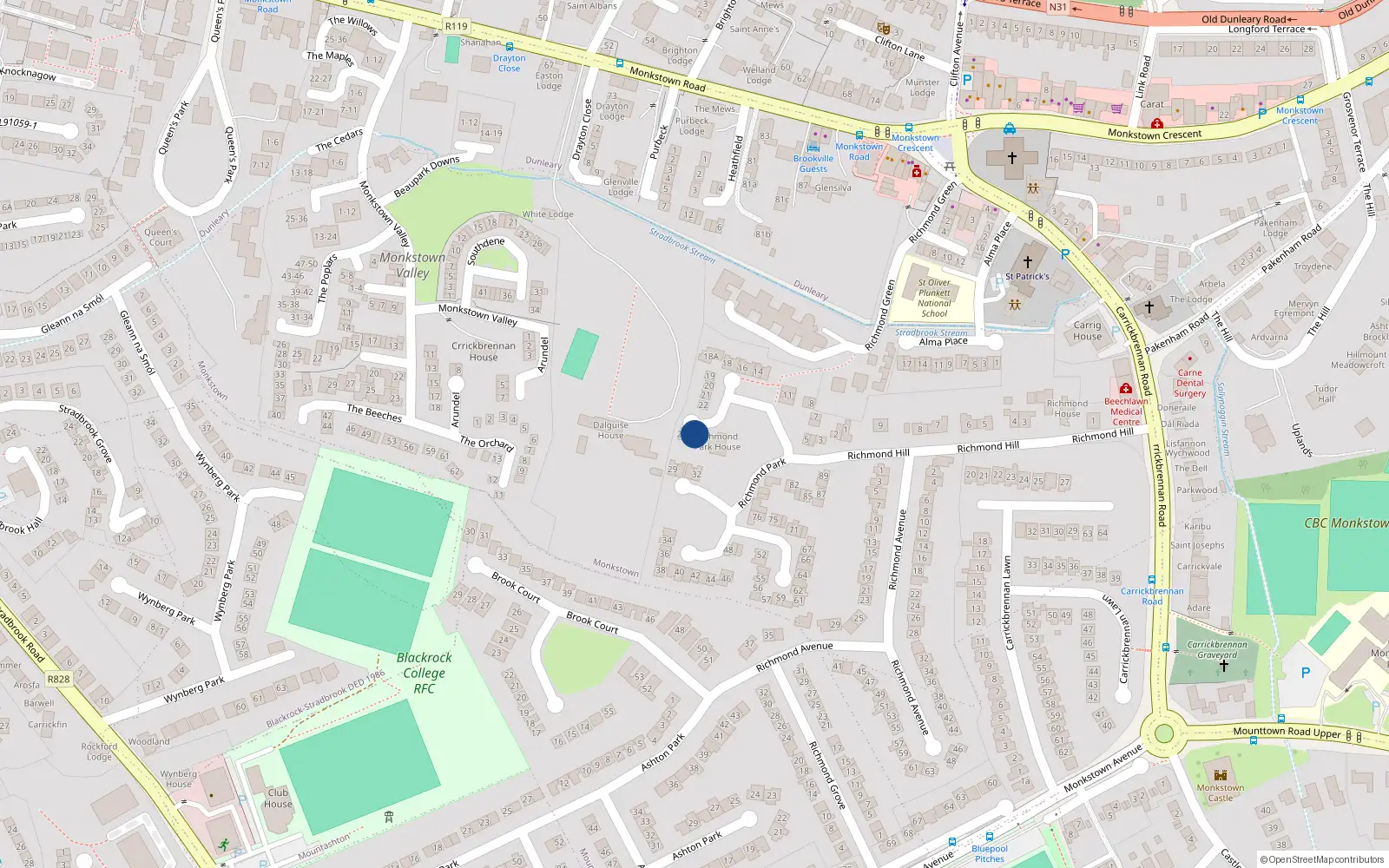 Overhead map showing the location of 25 Richmond Park, Monkstown, Dublin