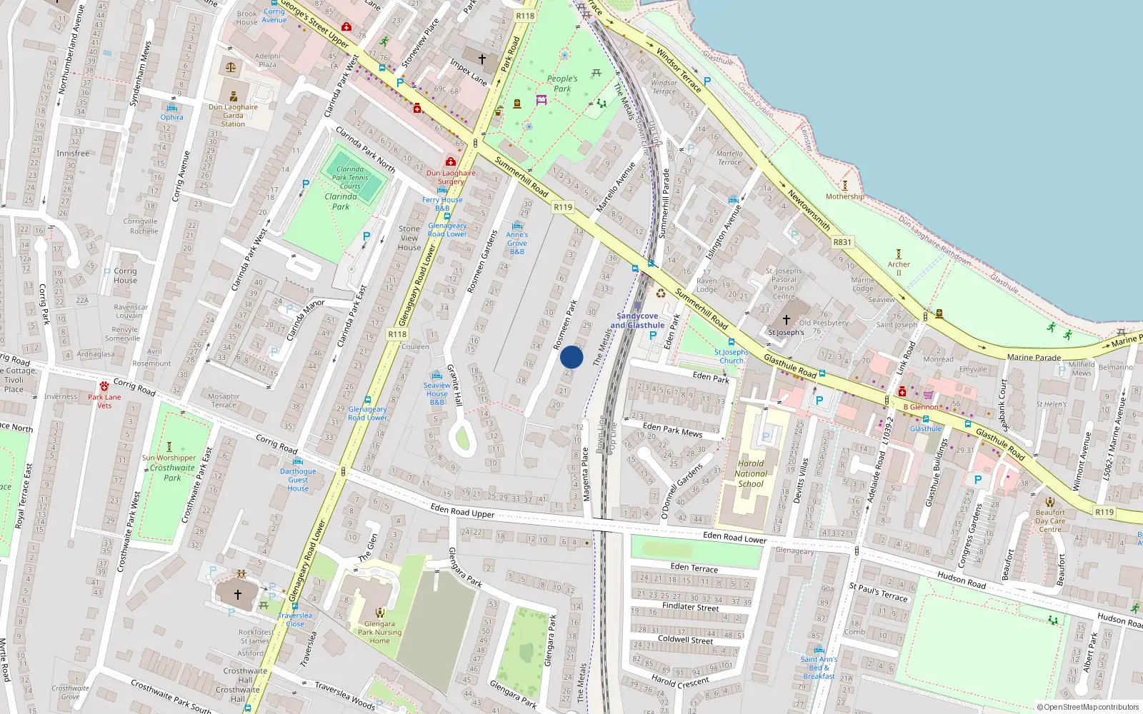 Overhead map showing the location of 25 Rosmeen Park, Glasthule, Dun Laoghaire