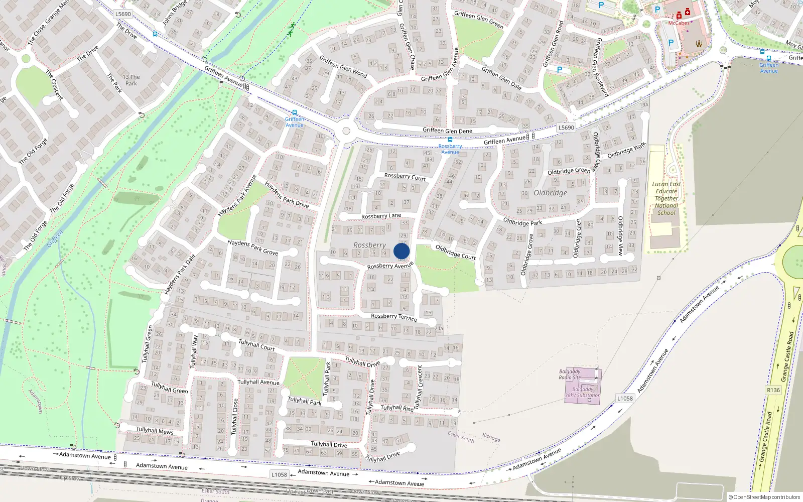 Overhead map showing the location of 25 Rossberry Avenue, Lucan, Dublin