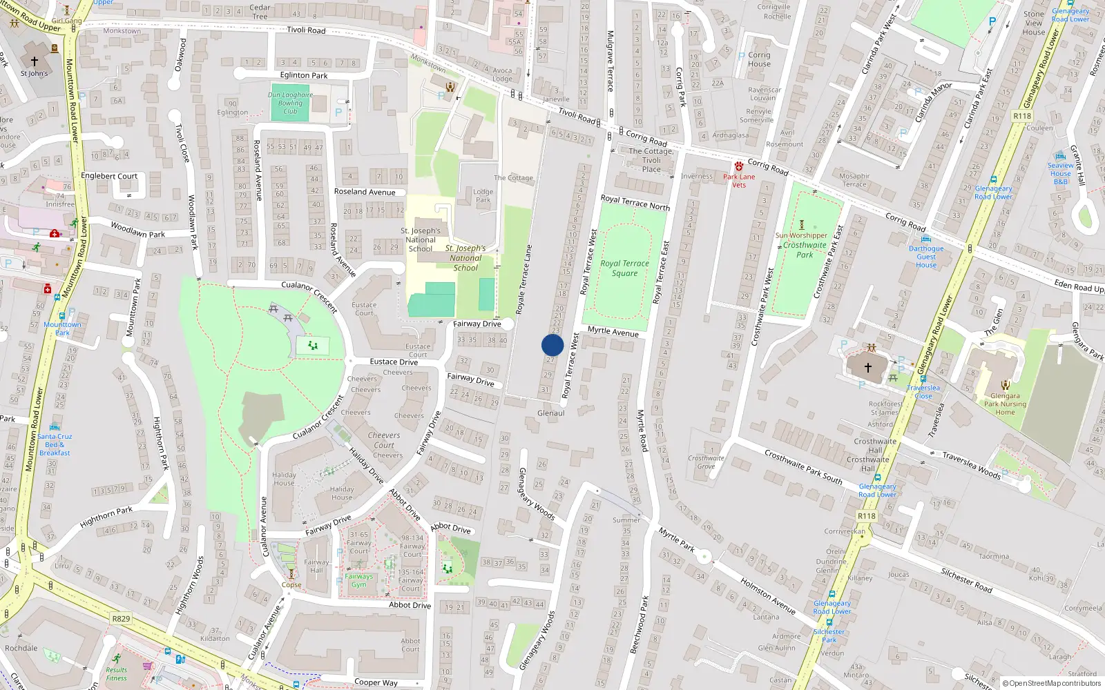 Overhead map showing the location of 25 Royal Terrace West, Dun Laoghaire, Dublin