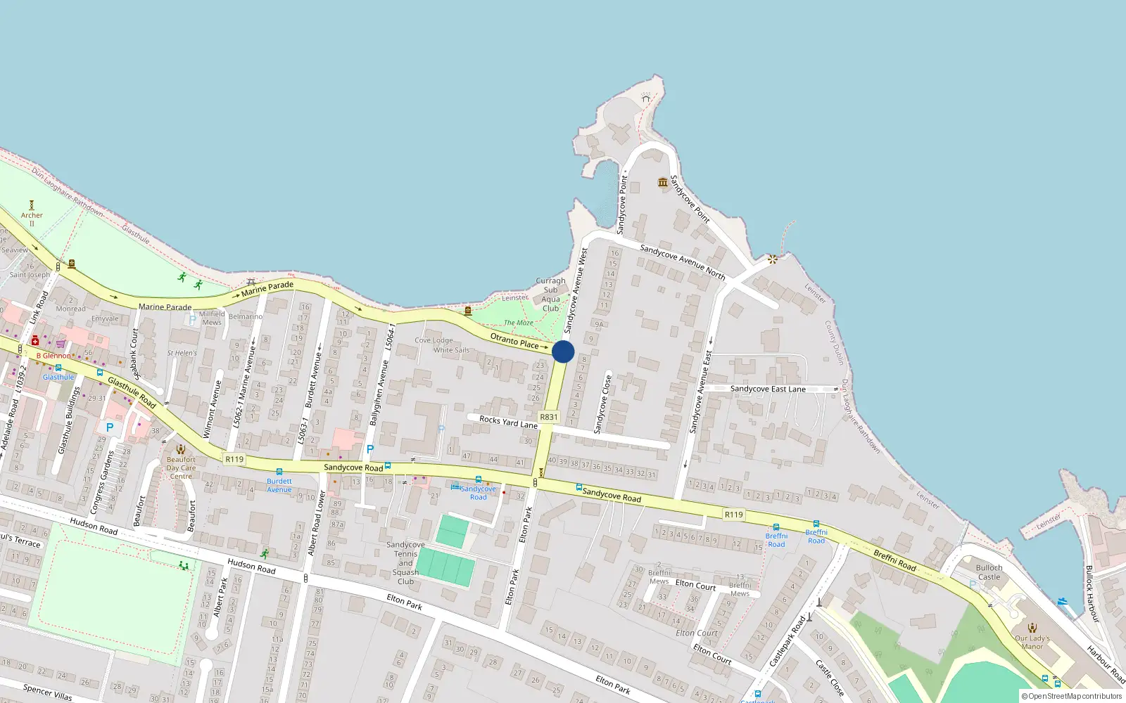 Overhead map showing the location of 25 Sandycove Avenue West, County Dublin