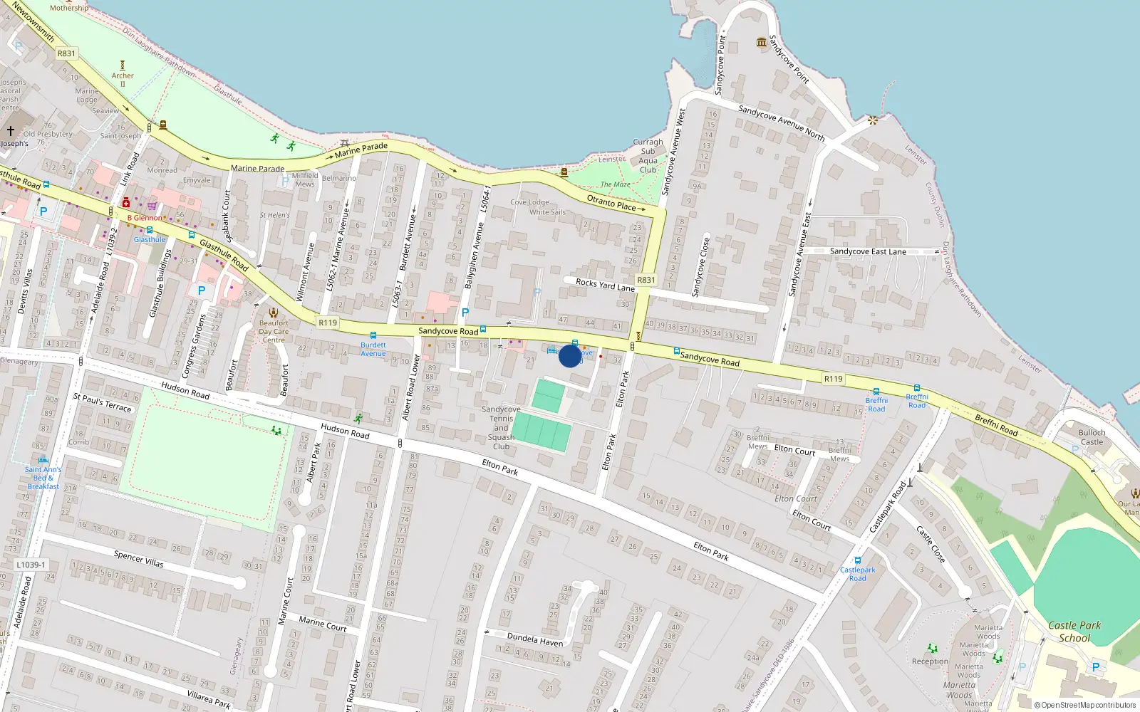 Overhead map showing the location of 25 Sandycove Road, Dublin