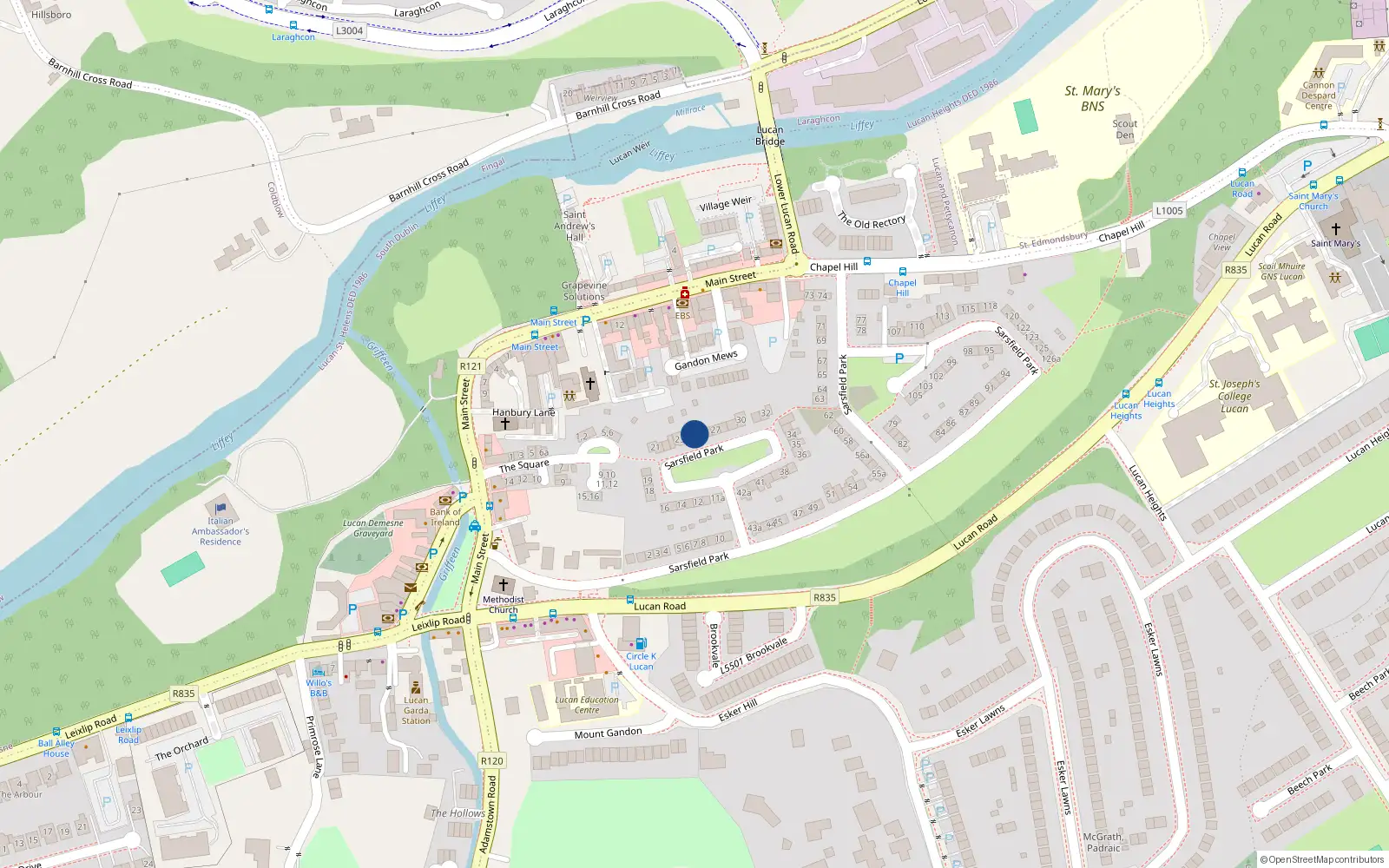Overhead map showing the location of 25 Sarsfield Park, Lucan