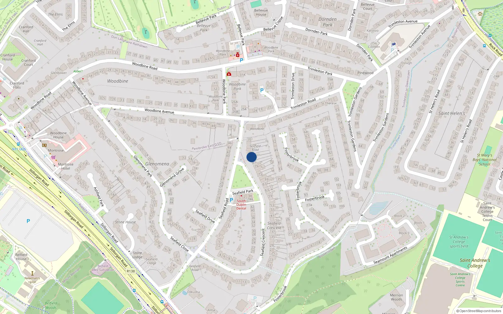 Overhead map showing the location of 25 Seafield Road, Blackrock