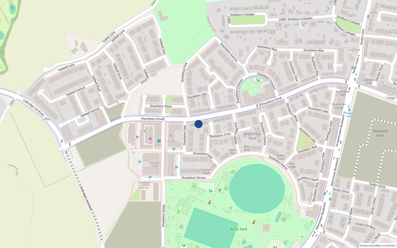 Overhead map showing the location of 25 Shackleton Drive, Lucan