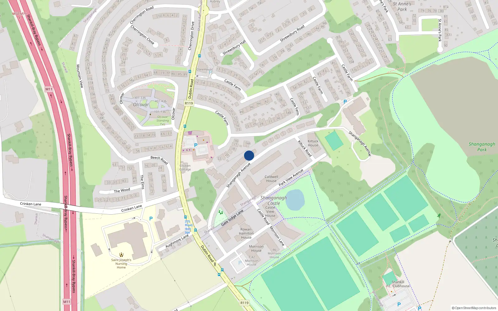 Overhead map showing the location of 25 Shanganagh Avenue, Dublin 18