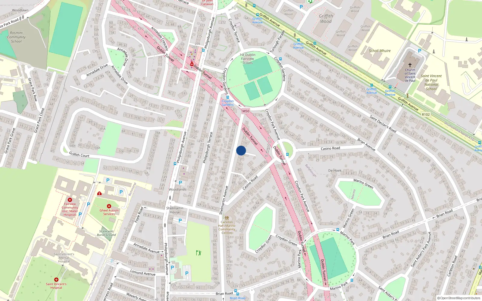 Overhead map showing the location of 25 Shelmartin Avenue, Marino, Dublin 3