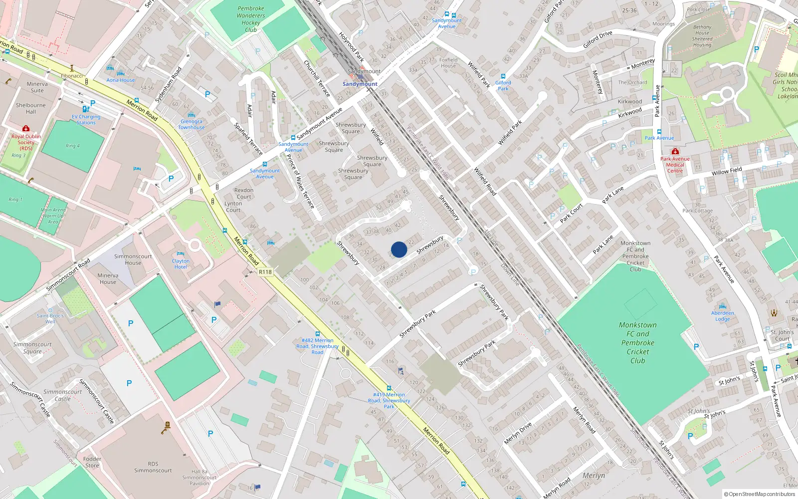 Overhead map showing the location of 25 Shrewsbury, Ballsbridge