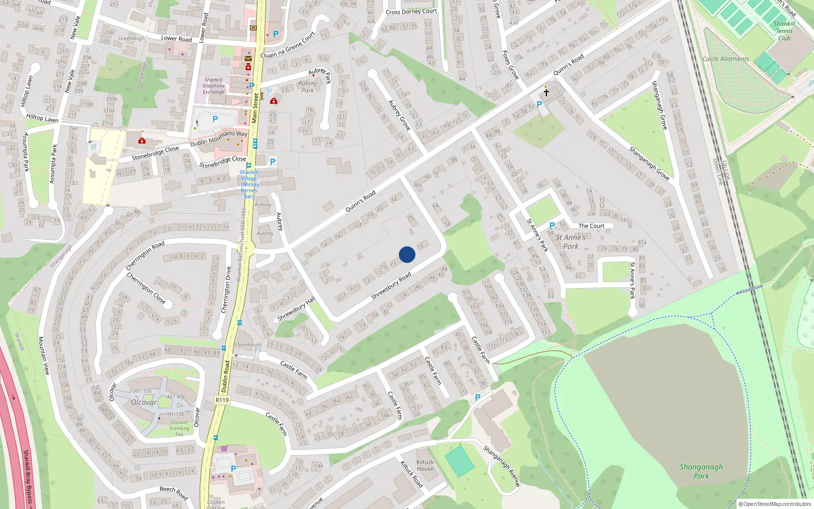Overhead map showing the location of 25 Shrewsbury Road, Dublin