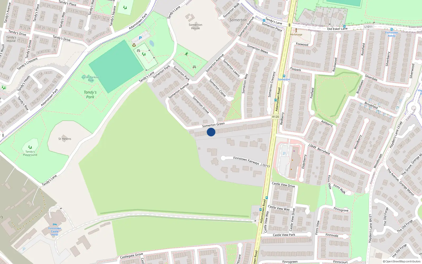 Overhead map showing the location of 25 Somerton Green, Finnstown