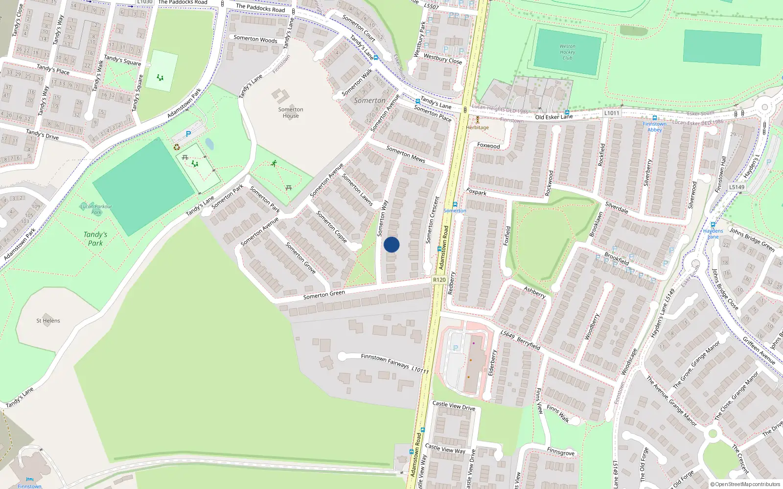 Overhead map showing the location of 25 Somerton Way, Finnstown