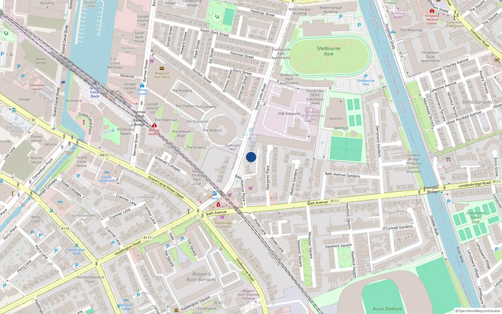 Overhead map showing the location of 25 South Lotts Road, Dublin 4