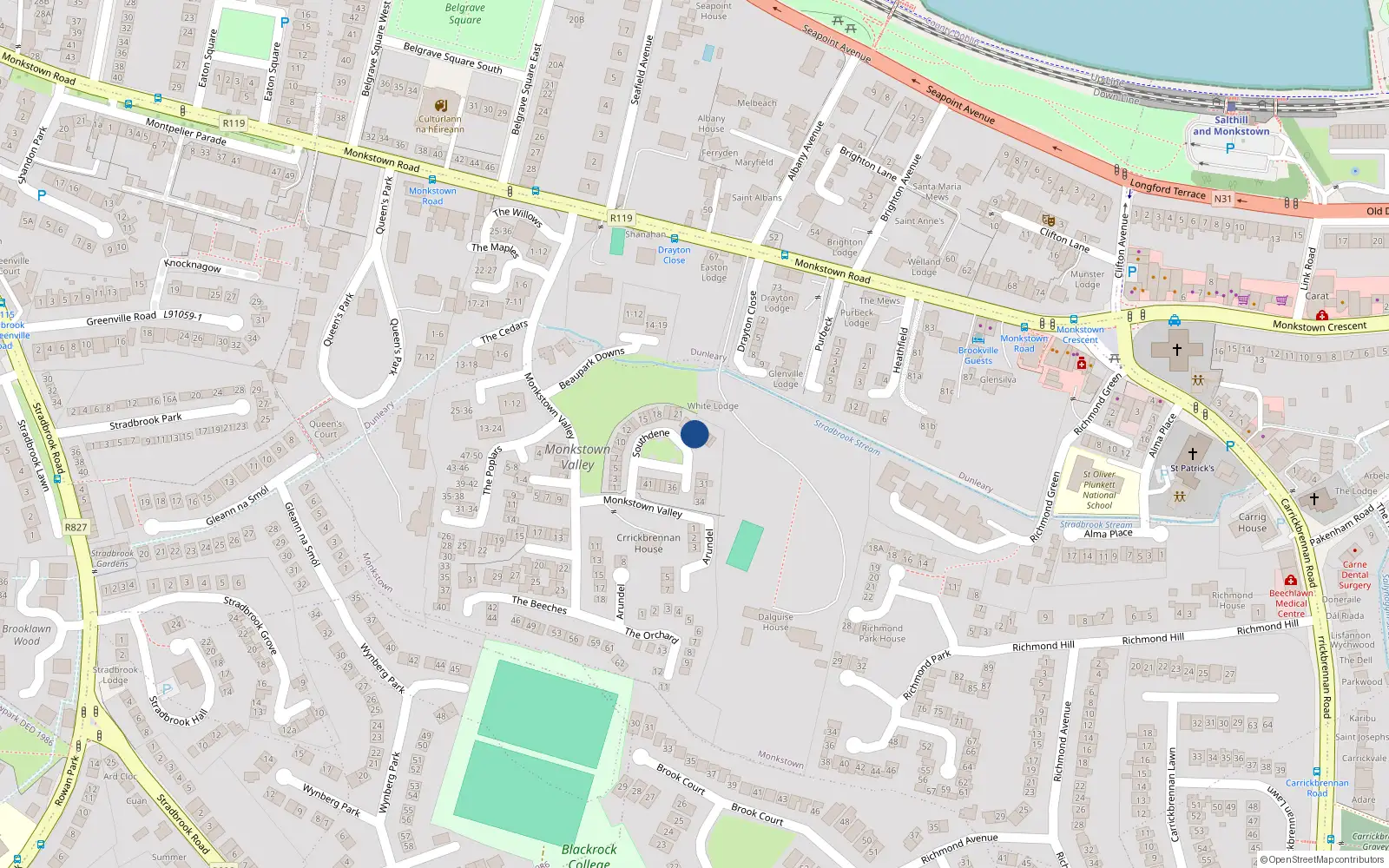 Overhead map showing the location of 25 Southdene, Monkstown