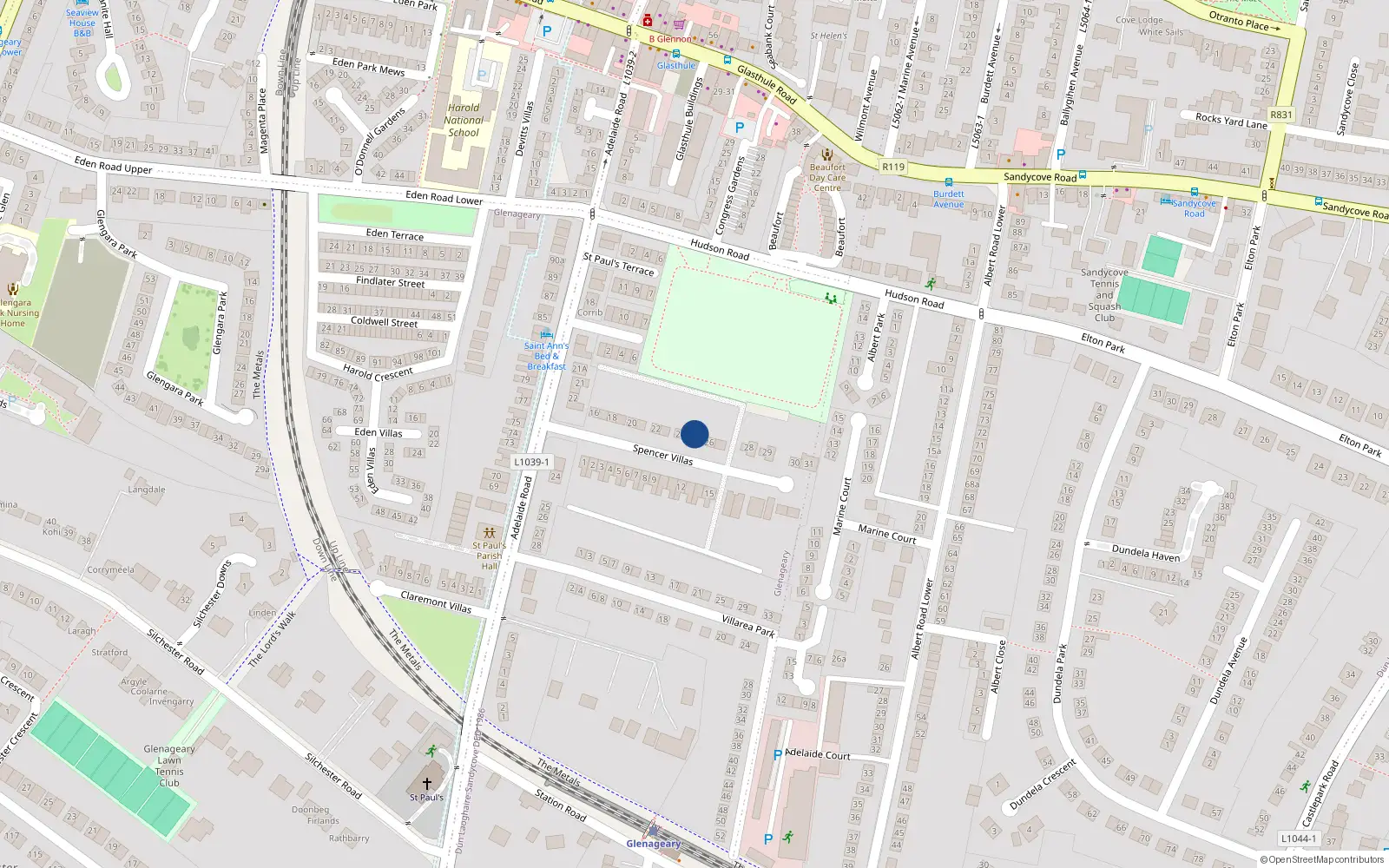 Overhead map showing the location of 25 Spencer Villas, County Dublin