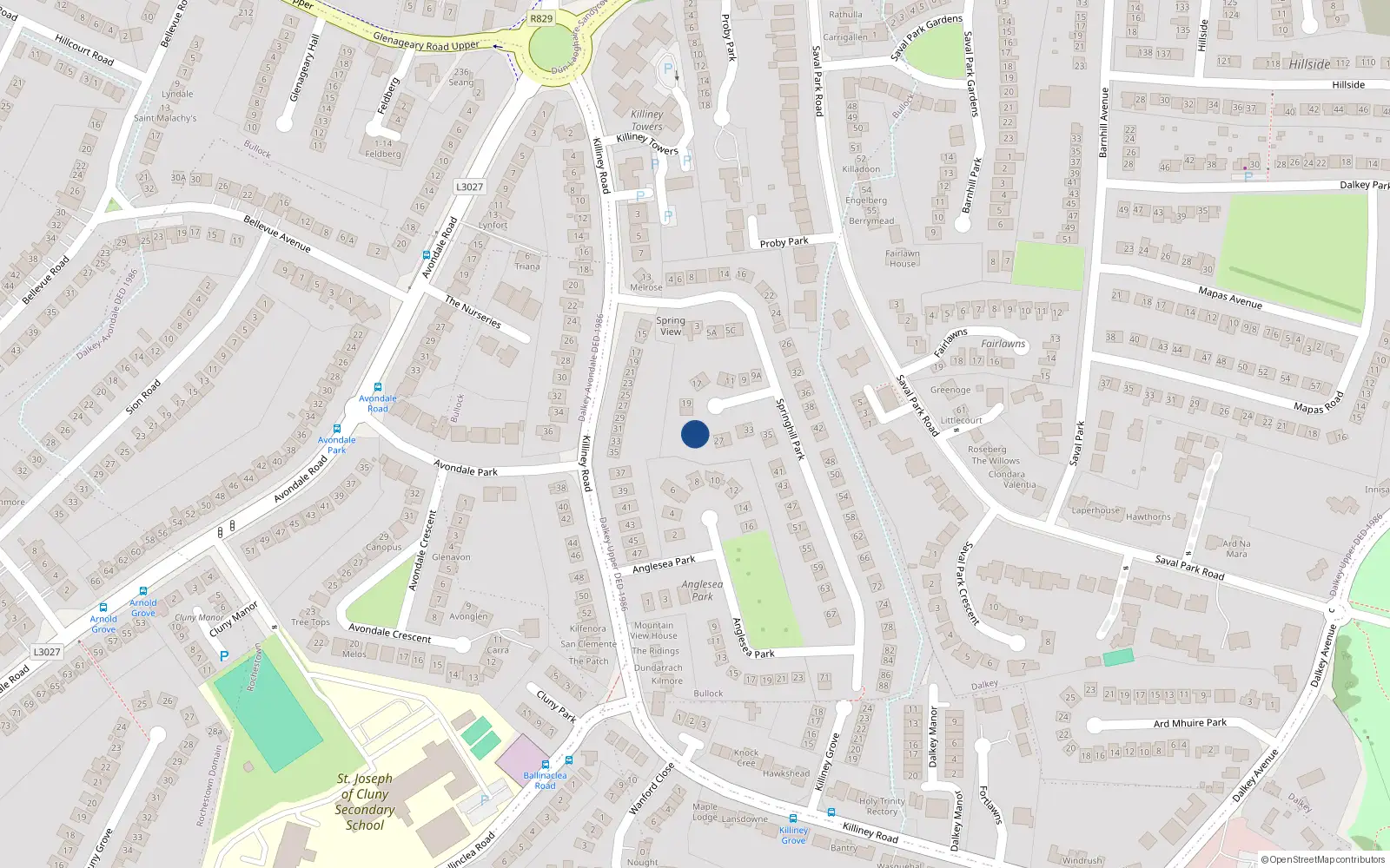 Overhead map showing the location of 25 Springhill Park, Killiney, Dublin