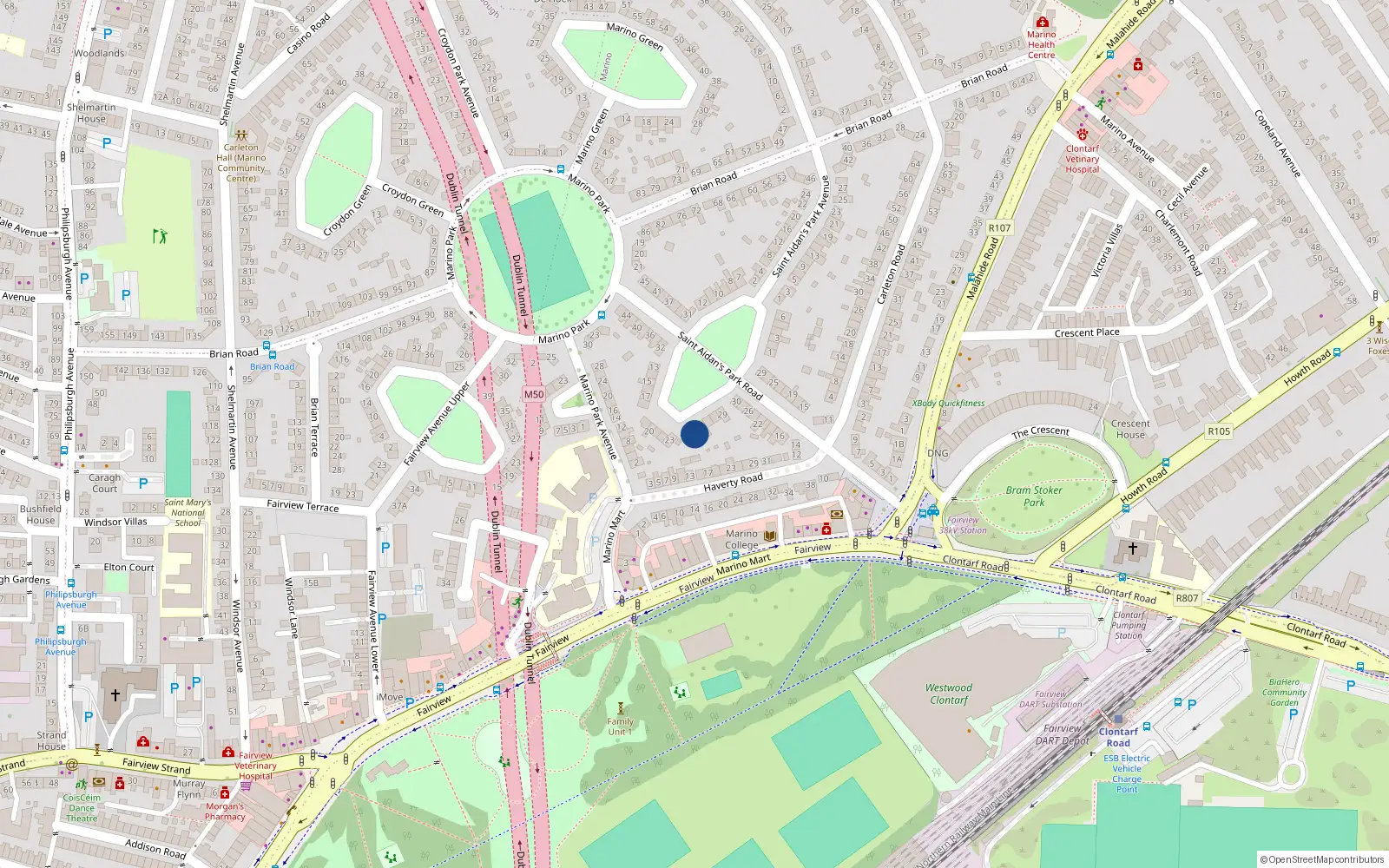 Overhead map showing the location of 25 St Aidans Park, Marino, Dublin 3
