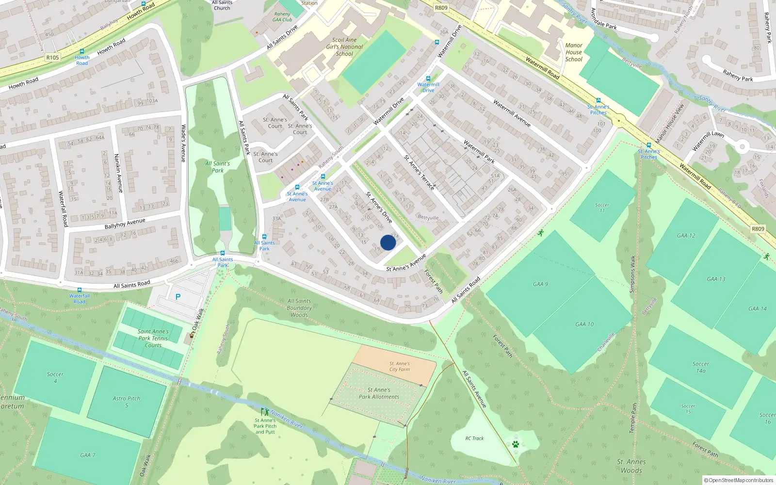 Overhead map showing the location of 25 St. Annes Avenue, Raheny, Dublin 5
