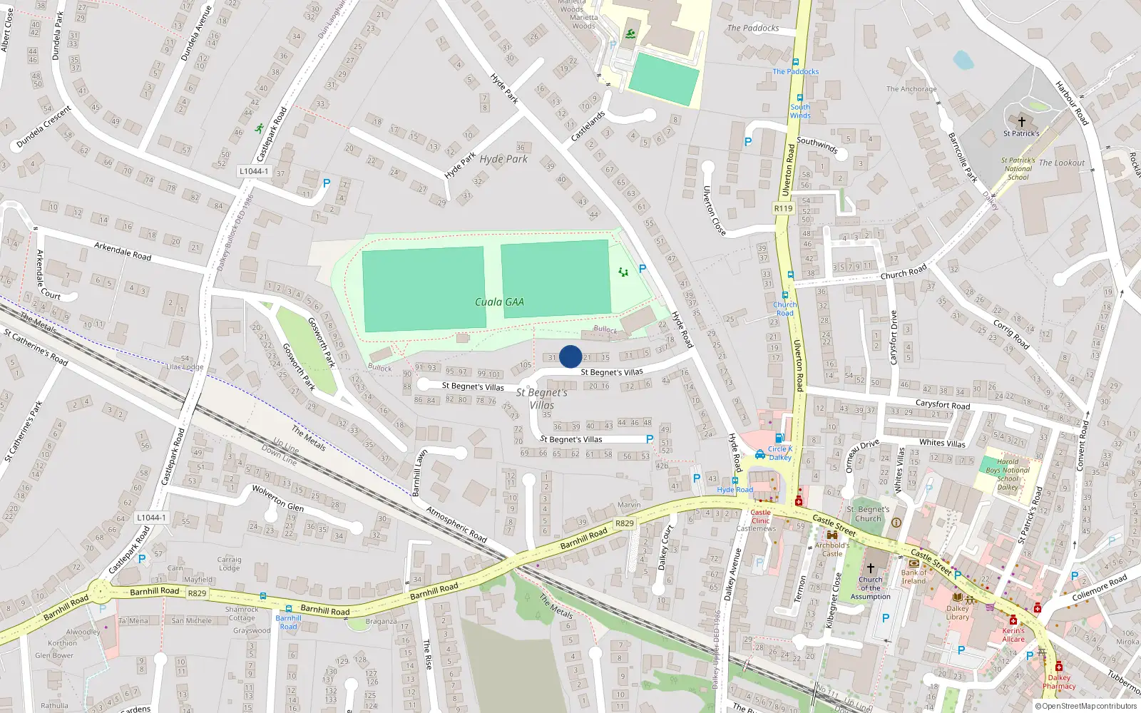 Overhead map showing the location of 25 St Begnets Villas, Dalkey, Dublin