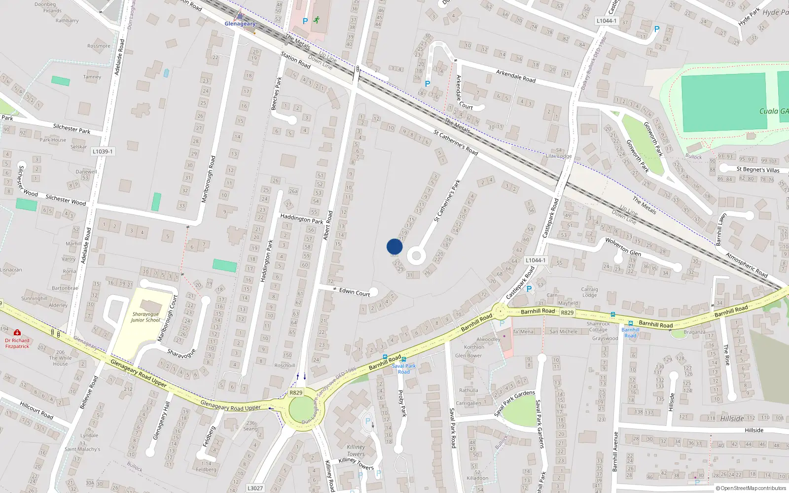 Overhead map showing the location of 25 St Catherines Park, Glenageary, Dublin