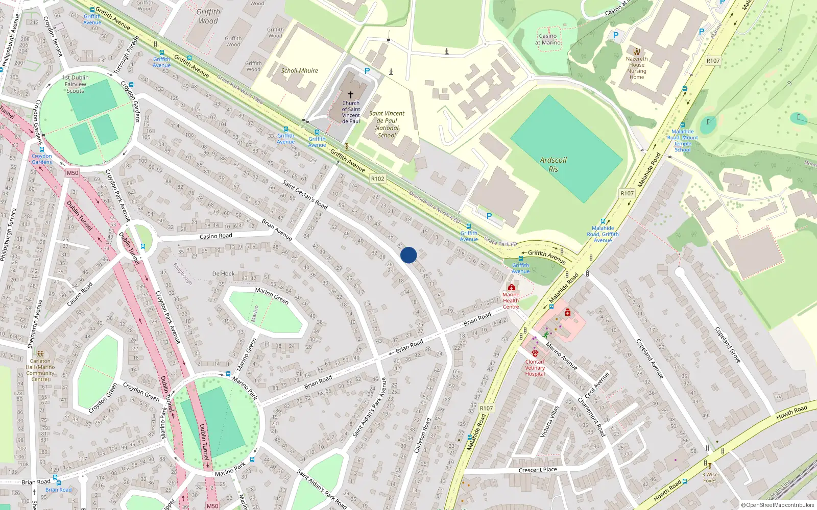 Overhead map showing the location of 25 St. Declans Road, Marino, Dublin 3